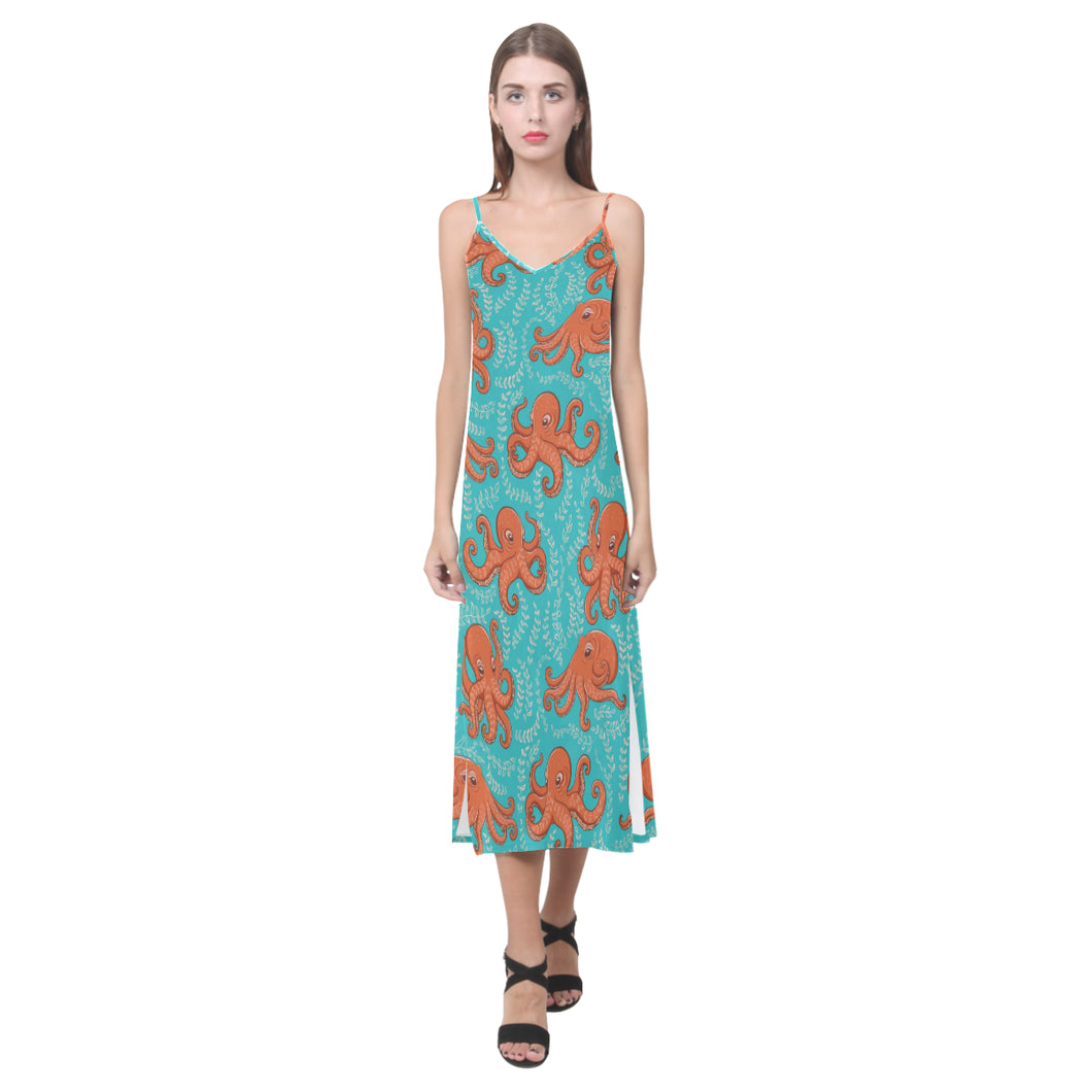 Octopus turquoise background V-Neck Open Fork Long Dress