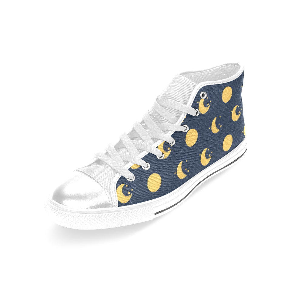 Moon star pattern Women's High Top Canvas Shoes White