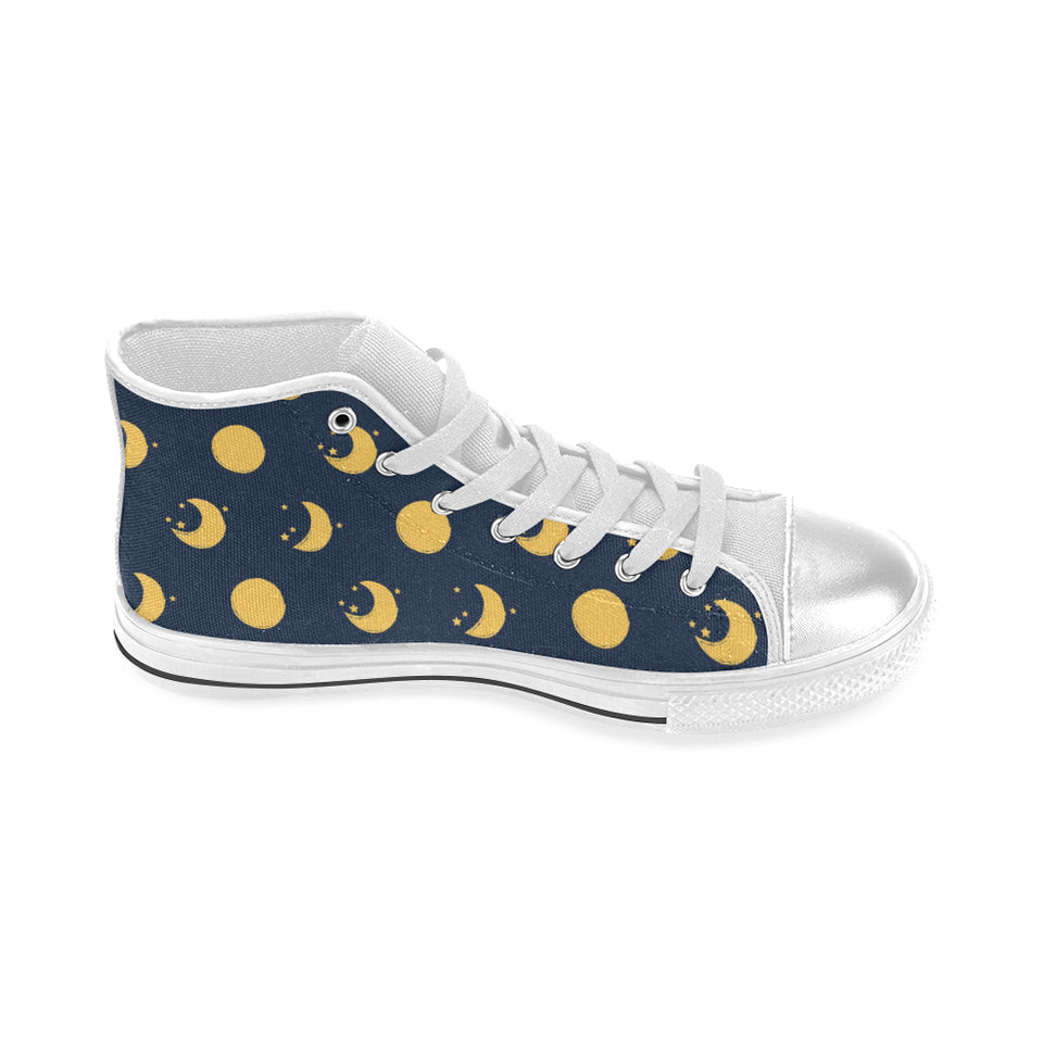 Moon star pattern Women's High Top Canvas Shoes White