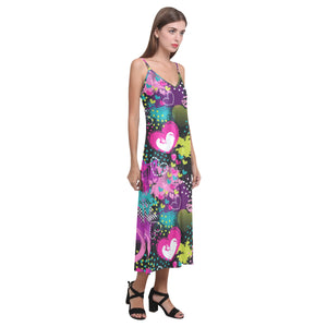 heart dot wave star creative design pattern V-Neck Open Fork Long Dress