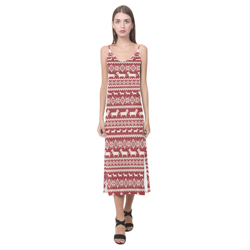 Dachshund Nordic pattern V-Neck Open Fork Long Dress