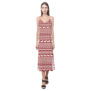 Dachshund Nordic pattern V-Neck Open Fork Long Dress