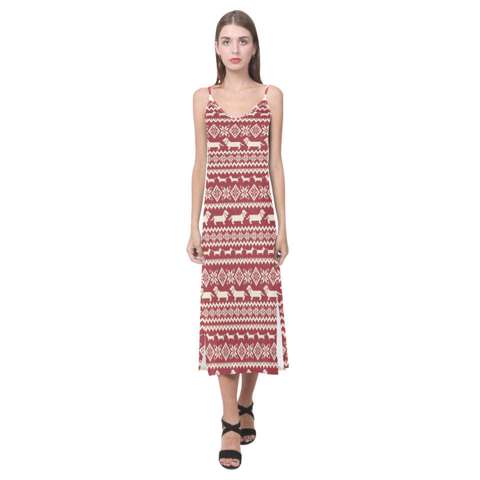 Dachshund Nordic pattern V-Neck Open Fork Long Dress