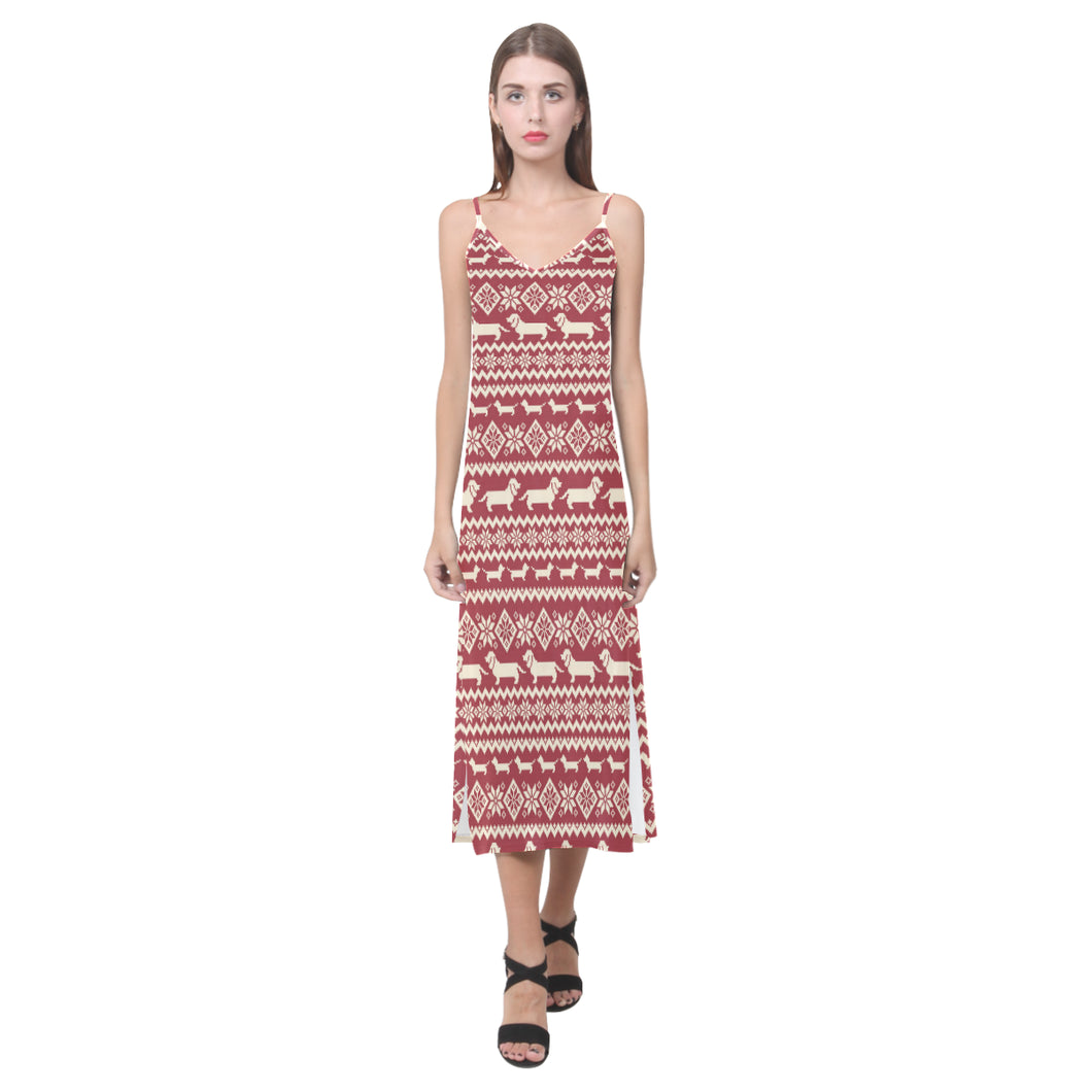 Dachshund Nordic pattern V-Neck Open Fork Long Dress
