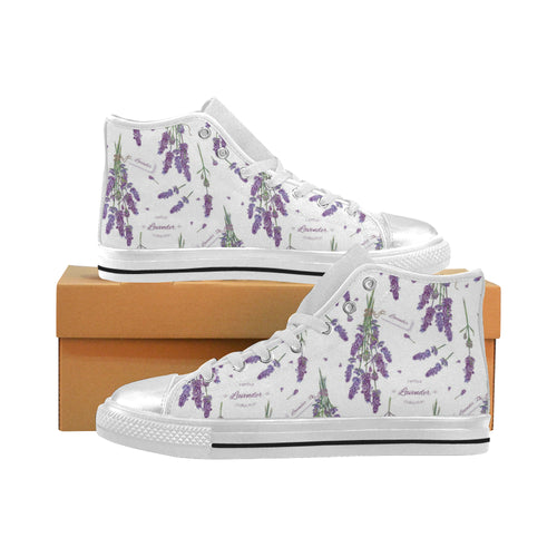 lavender flower design pattern Women's High Top Canvas Shoes White