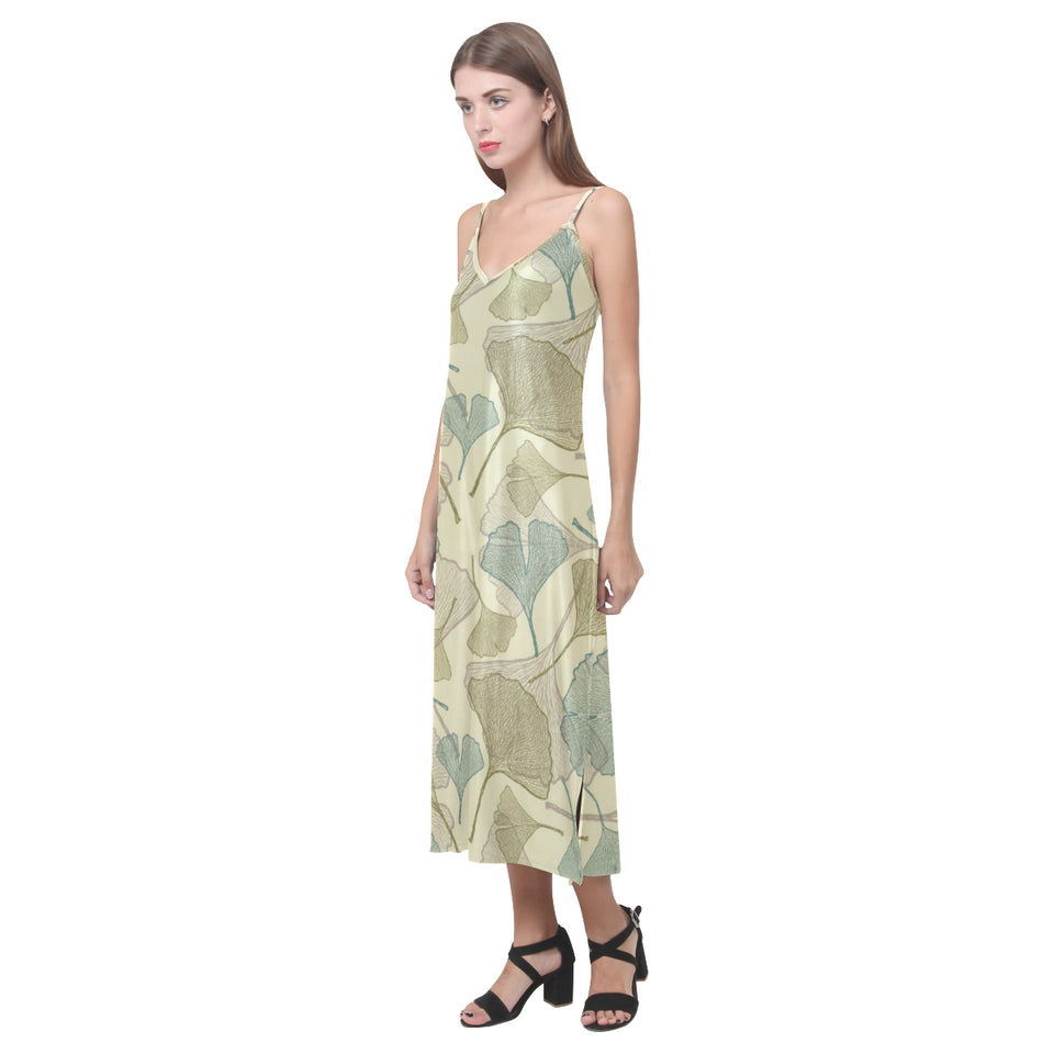 Ginkgo leaves design pattern V-Neck Open Fork Long Dress