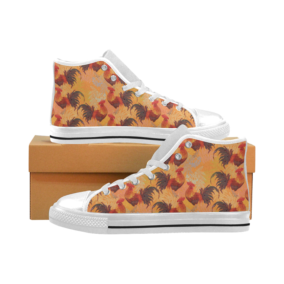 red rooster chicken cock pattern Men's High Top Canvas Shoes White