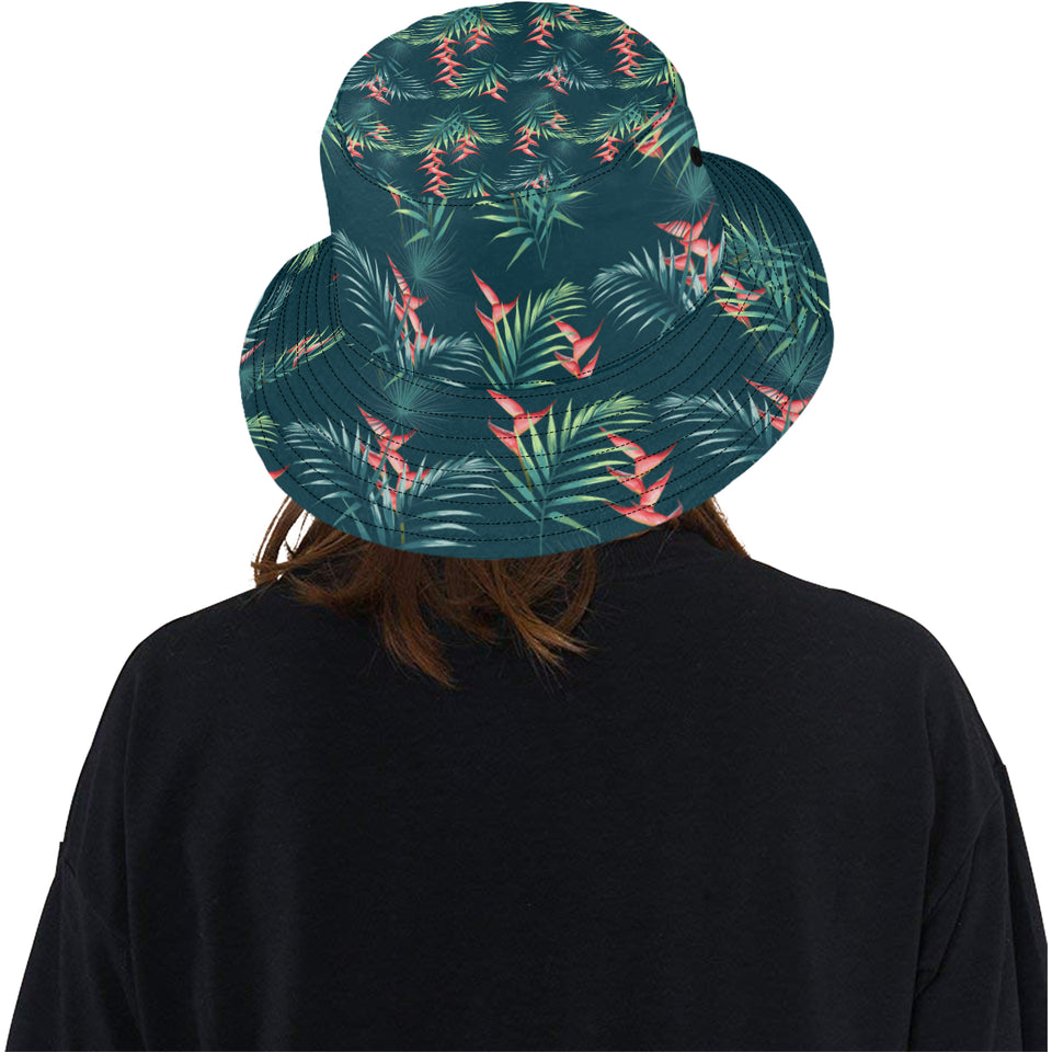 heliconia flowers, palm and monstera leaves on bla Unisex Bucket Hat