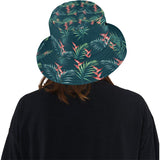 heliconia flowers, palm and monstera leaves on bla Unisex Bucket Hat