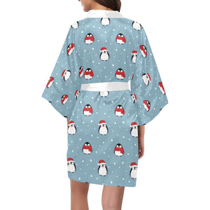 Cute penguin christmas snow pattern Women's Short Kimono Robe