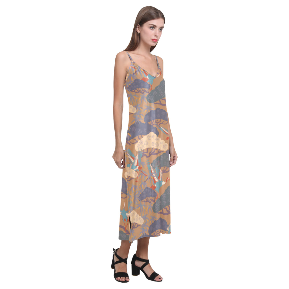 Bonsai bamboo stork japanese pattern brown theme V-Neck Open Fork Long Dress