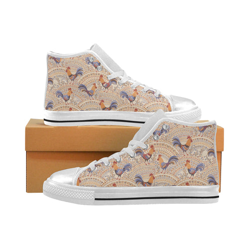 Cute rooster chicken cock floral ornament backgrou Women's High Top Canvas Shoes White
