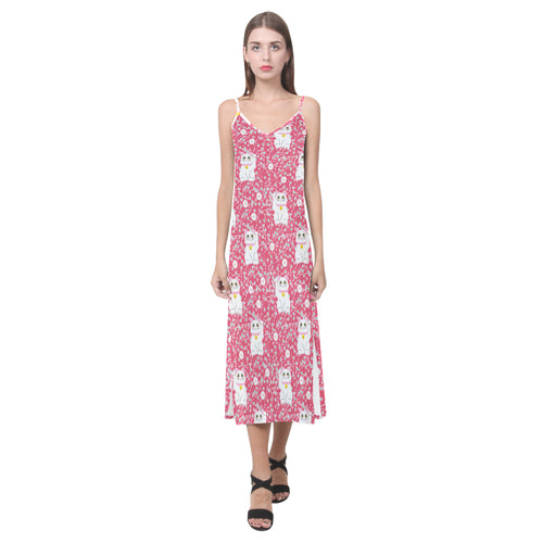 Maneki neko cat sakura pink background V-Neck Open Fork Long Dress
