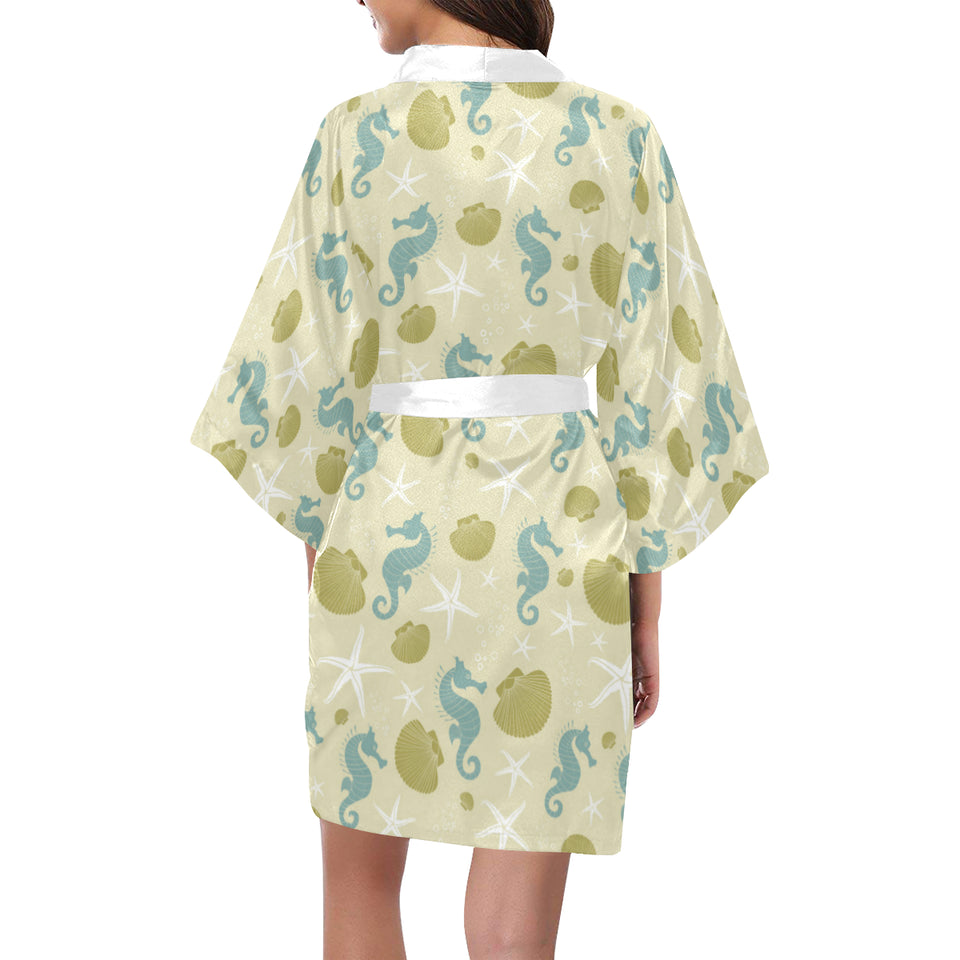 Seahorse shell starfish pattern background Women's Short Kimono Robe