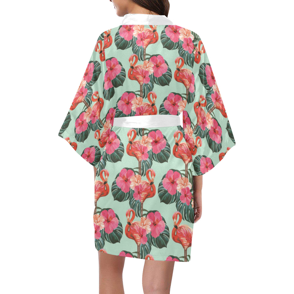 Beautiful flamingo tropical palm leaves hibiscus p Women's Short Kimono Robe