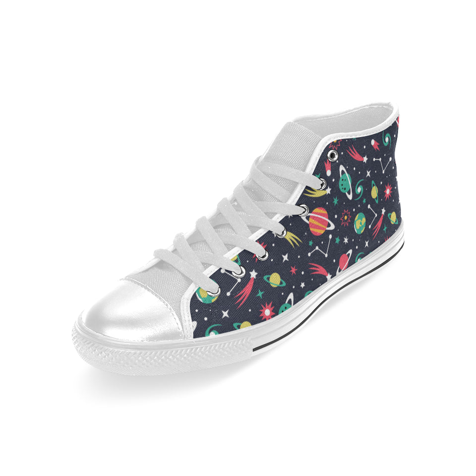 colorful space pattern planet star Men's High Top Canvas Shoes White