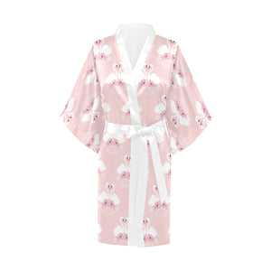 White swan and flower love pattern Women's Short Kimono Robe