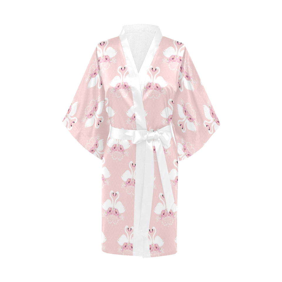 White swan and flower love pattern Women's Short Kimono Robe