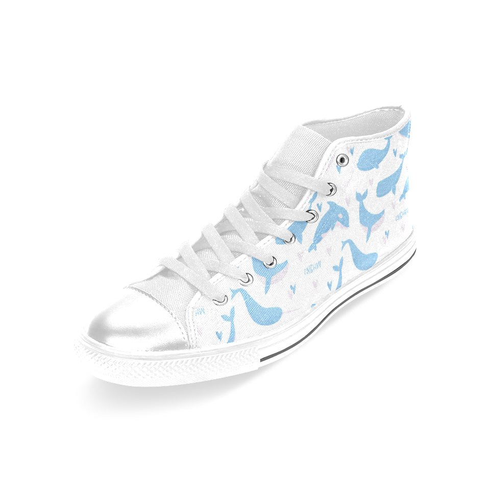 Blue whale pattern Women's High Top Canvas Shoes White