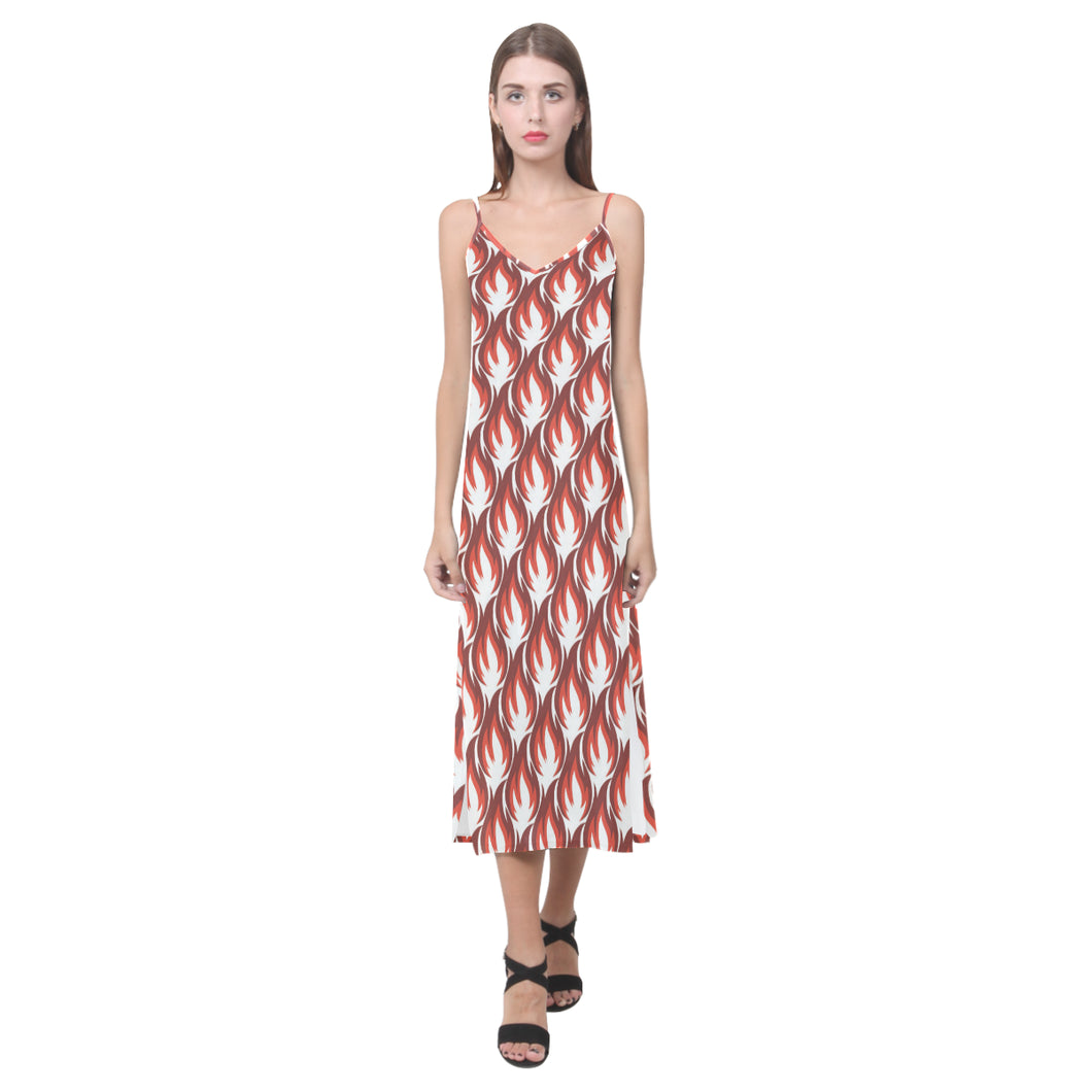 Fire flame symbol design pattern V-Neck Open Fork Long Dress