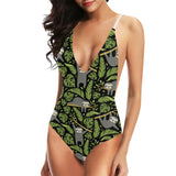 Cute sloths tropical palm leaves black background Women's One-Piece Swimsuit