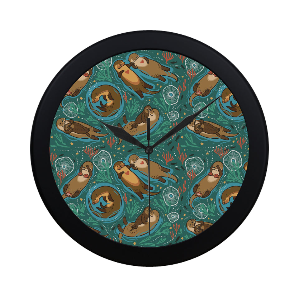 cute brown sea otters ornamental seaweed corals gr Elegant Black Wall Clock