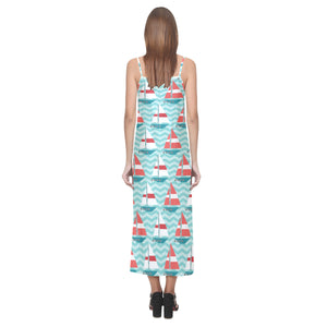 Red White sailboat wave background V-Neck Open Fork Long Dress