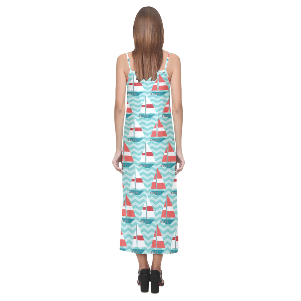Red White sailboat wave background V-Neck Open Fork Long Dress