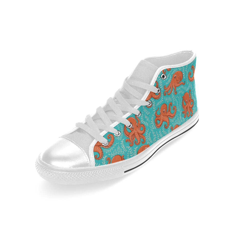 Octopus turquoise background Men's High Top Canvas Shoes White