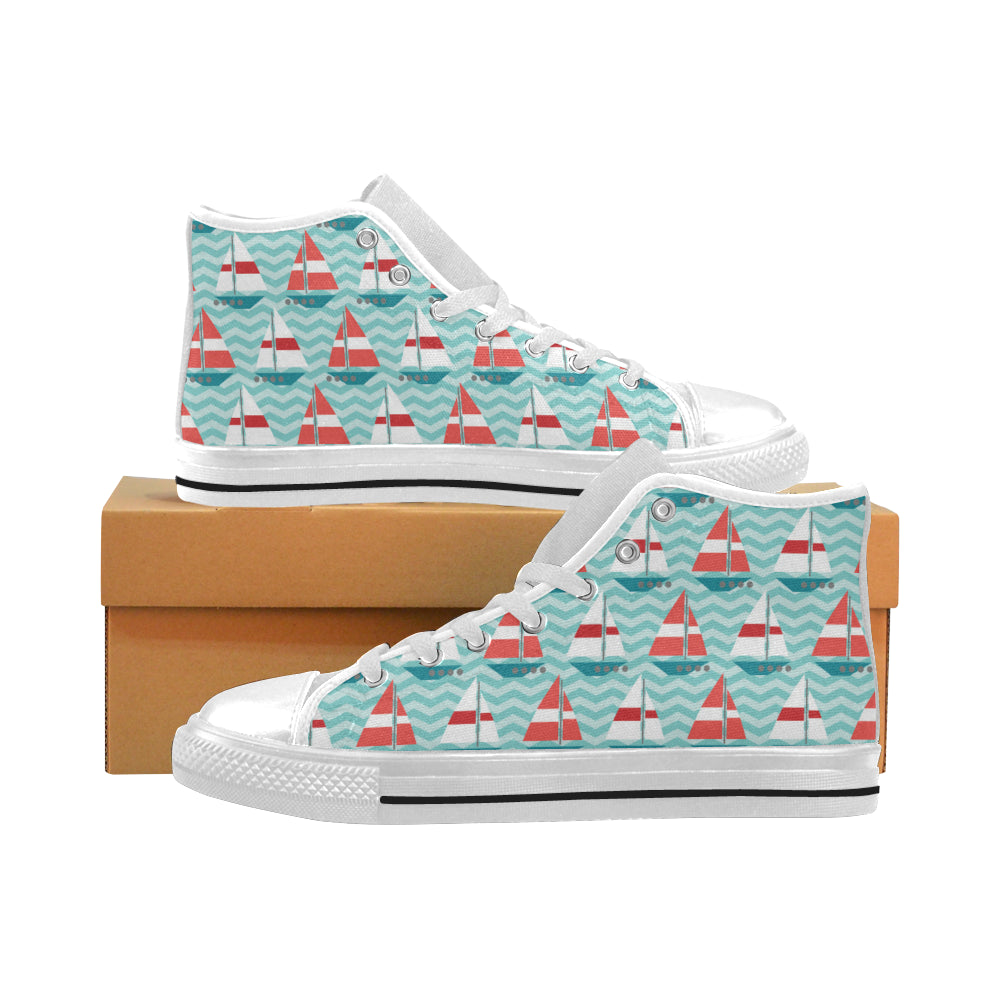 Red White sailboat wave background Men's High Top Canvas Shoes White