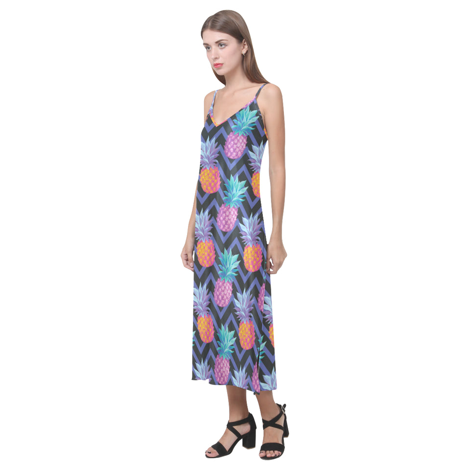Pineapples pattern zigzag background V-Neck Open Fork Long Dress