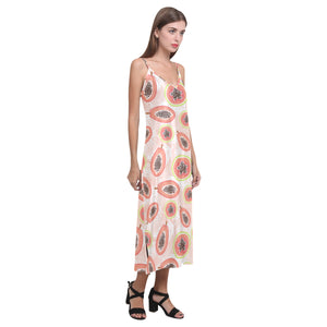 papaya leaves pattern V-Neck Open Fork Long Dress