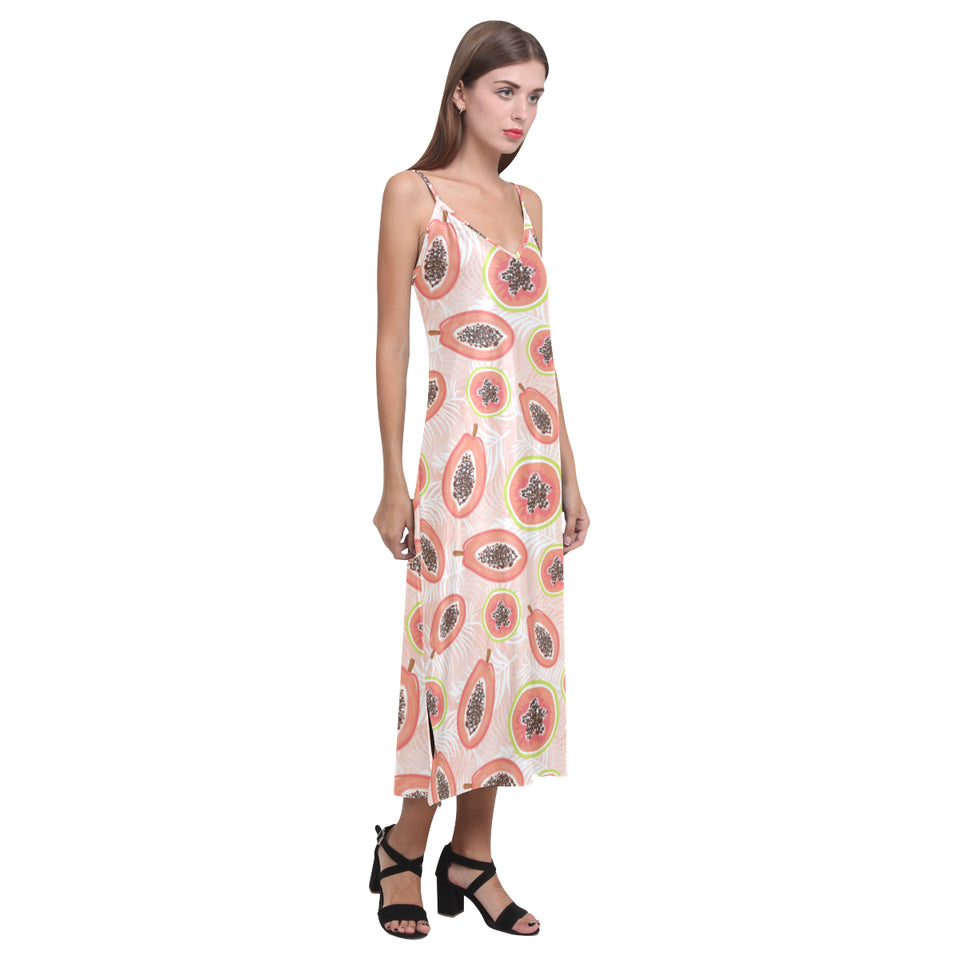 papaya leaves pattern V-Neck Open Fork Long Dress