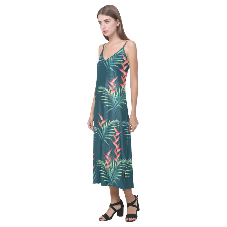 heliconia flowers, palm and monstera leaves on bla V-Neck Open Fork Long Dress
