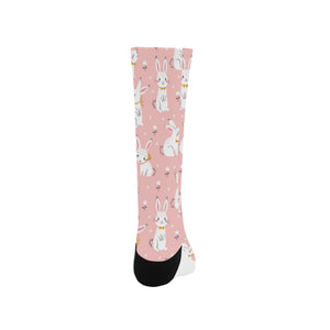 Cute white rabbit flower pink background Crew Socks
