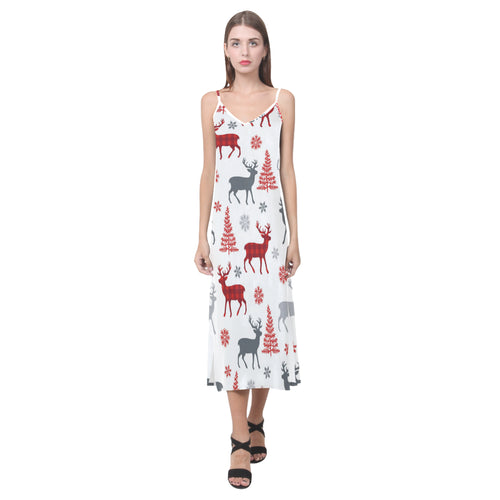 Deer tree snowflakes chrismas pattern V-Neck Open Fork Long Dress