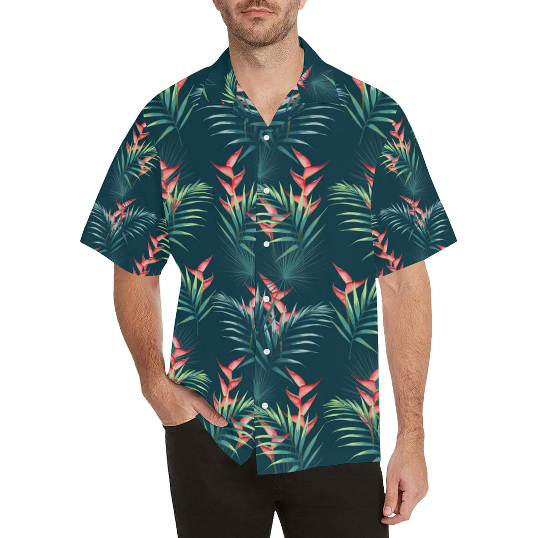 heliconia flowers, palm and monstera leaves on bla Men's All Over Print Hawaiian Shirt