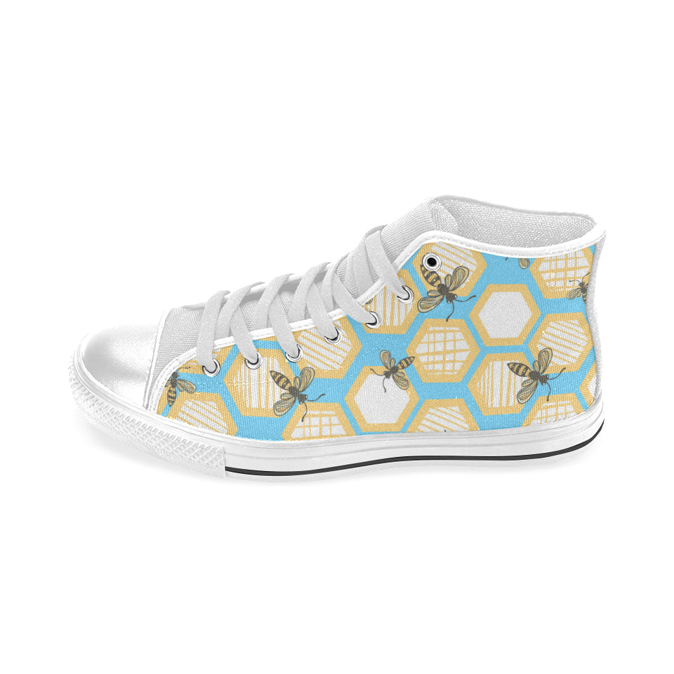 Bee honeycomb pattern Men's High Top Canvas Shoes White