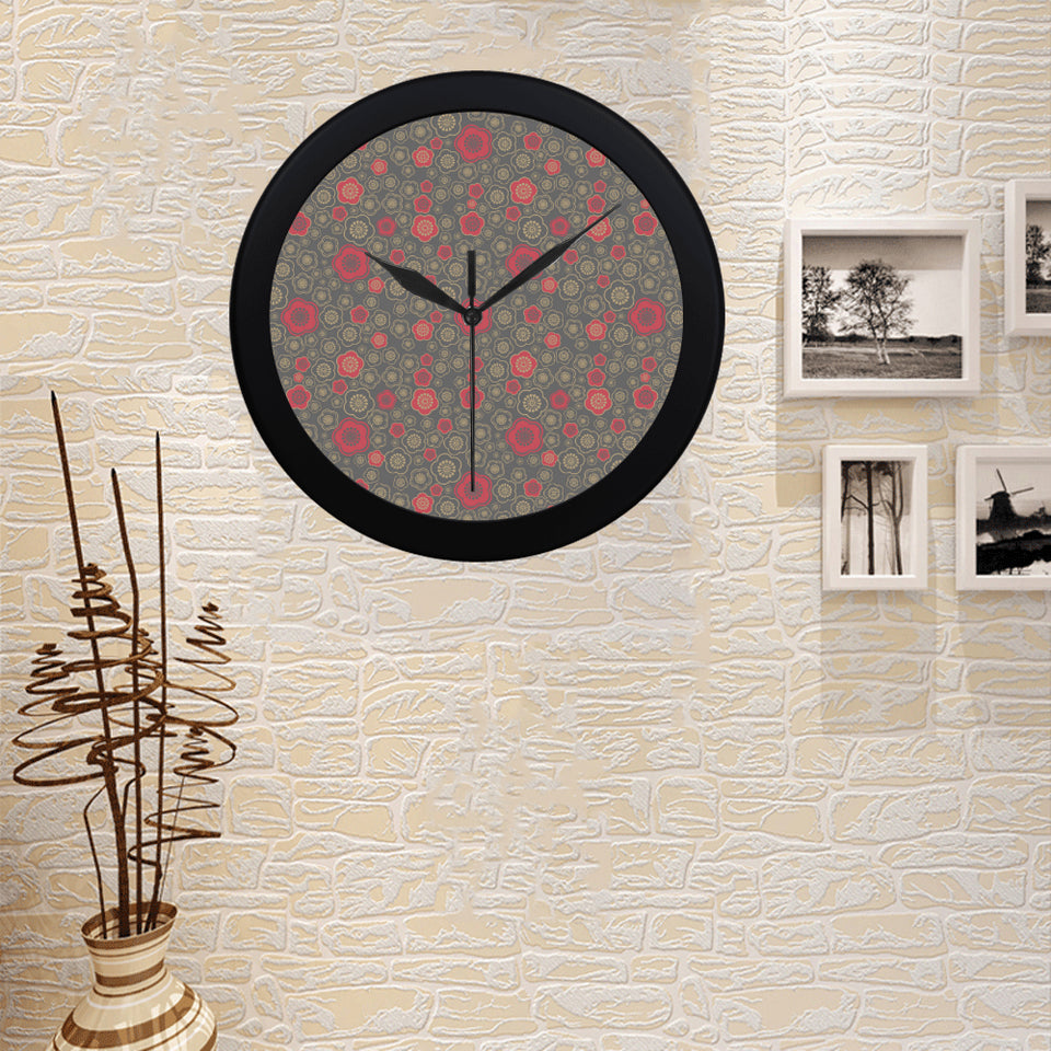 Red gold Sakura cherry blossom gray background Elegant Black Wall Clock