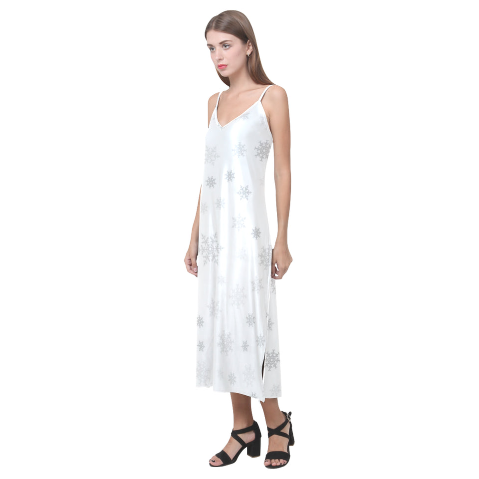 Snowflake pattern white background V-Neck Open Fork Long Dress