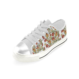 Red tulips and daffodils pattern Women's Low Top Canvas Shoes White