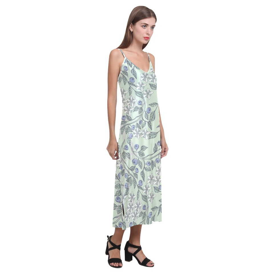 hand drawn blueberry pattern V-Neck Open Fork Long Dress