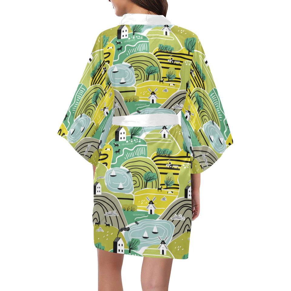 Hand drawn windmill pattern Women's Short Kimono Robe