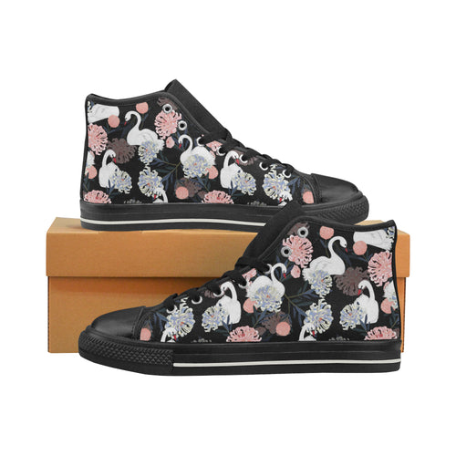 white swan blooming flower pattern Women's High Top Canvas Shoes Black