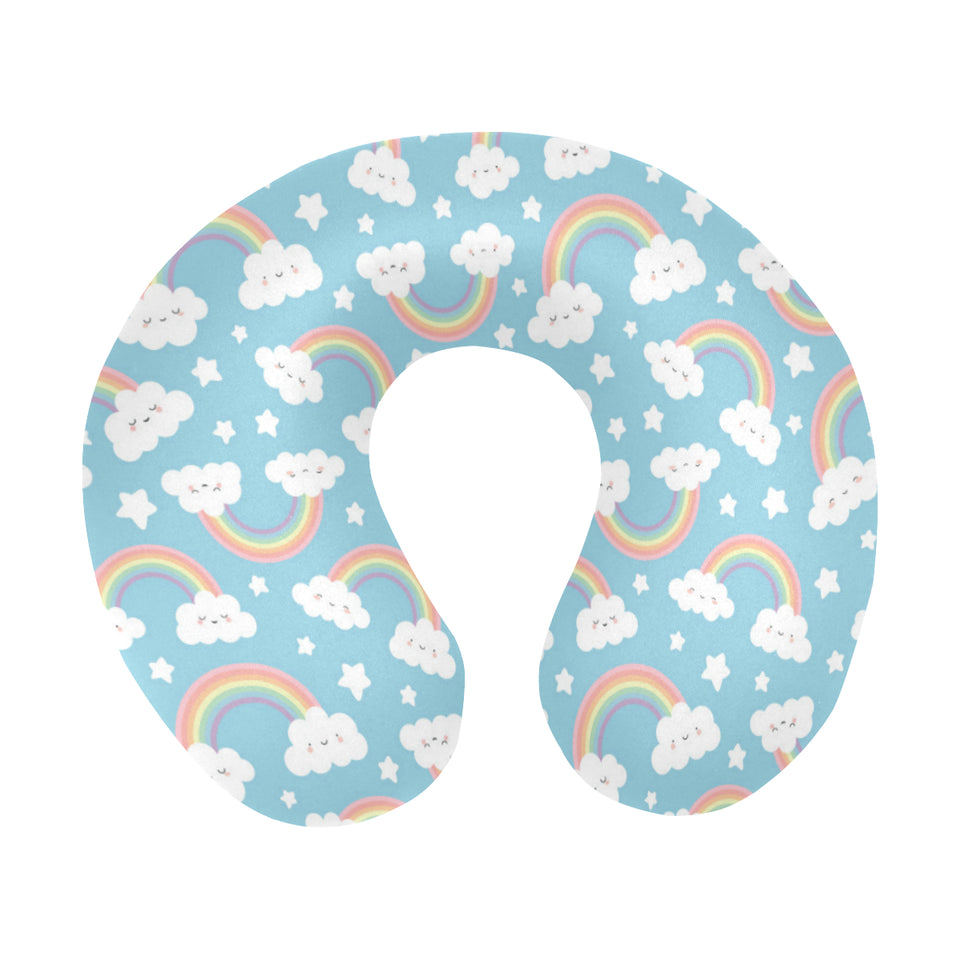 Cute rainbow clound star pattern blue background U-Shaped Travel Neck Pillow