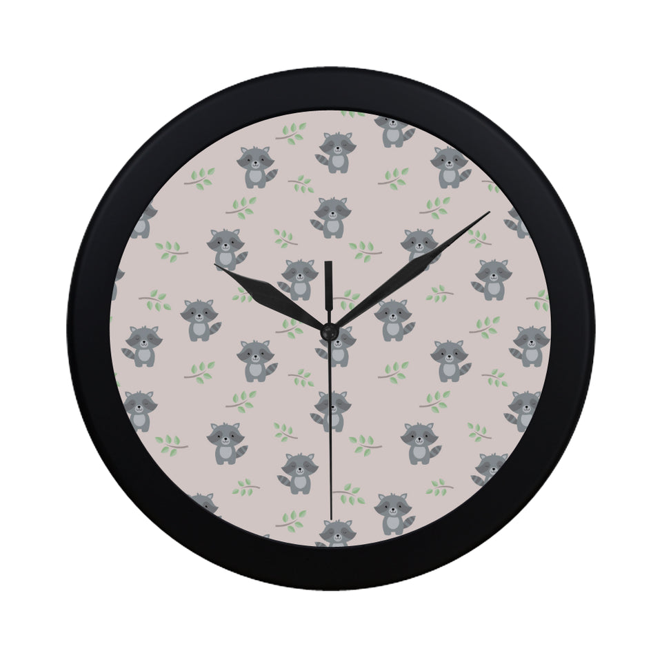 cute raccoons leaves pattern Elegant Black Wall Clock