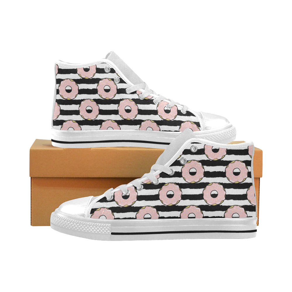 Donuts pink icing striped pattern Men's High Top Canvas Shoes White