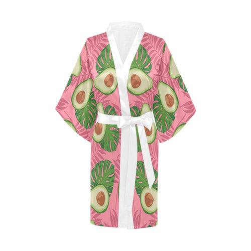 Avocado slices leaves pink back ground Women's Short Kimono Robe