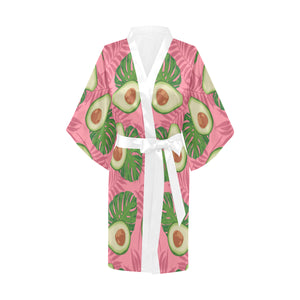 Avocado slices leaves pink back ground Women's Short Kimono Robe