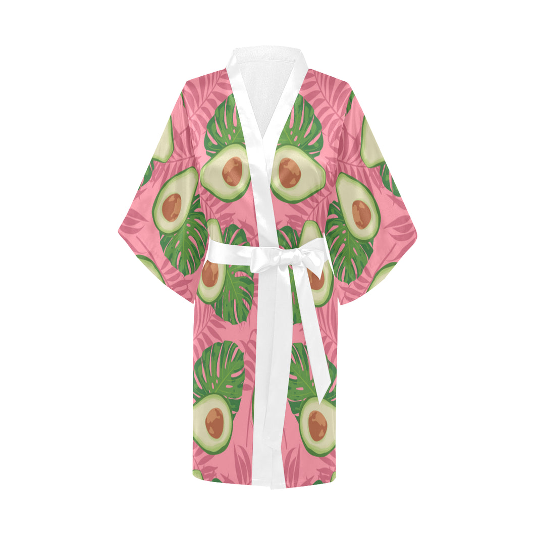 Avocado slices leaves pink back ground Women's Short Kimono Robe